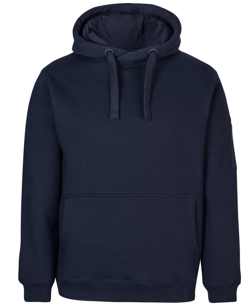 A navy blue work hoodie with a kangaroo pocket and a hood. It features a branded logo on one sleeve.