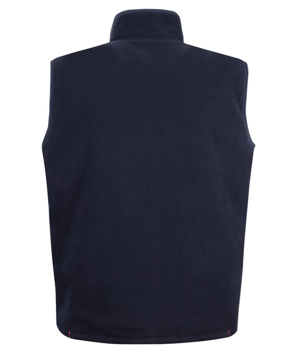 A navy vest featuring a high collar and a simple design, suitable for safety wear. Includes a logo on the fabric.