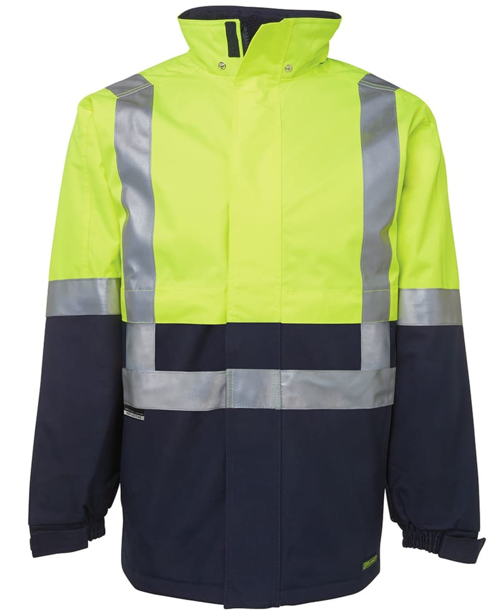 Lime and navy work jacket featuring reflective strips and a collar, designed for visibility and safety.