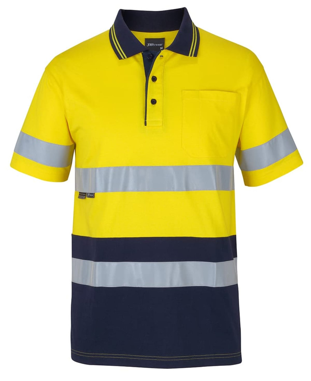 A short-sleeved cotton polo shirt in high-visibility yellow with navy stripes and reflective bands. It features a chest pocket and a logo.
