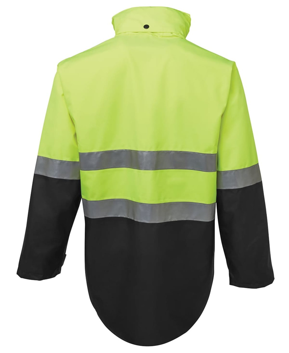 A high-visibility jacket in fluorescent yellow with black lower sections and reflective stripes. It features a logo.