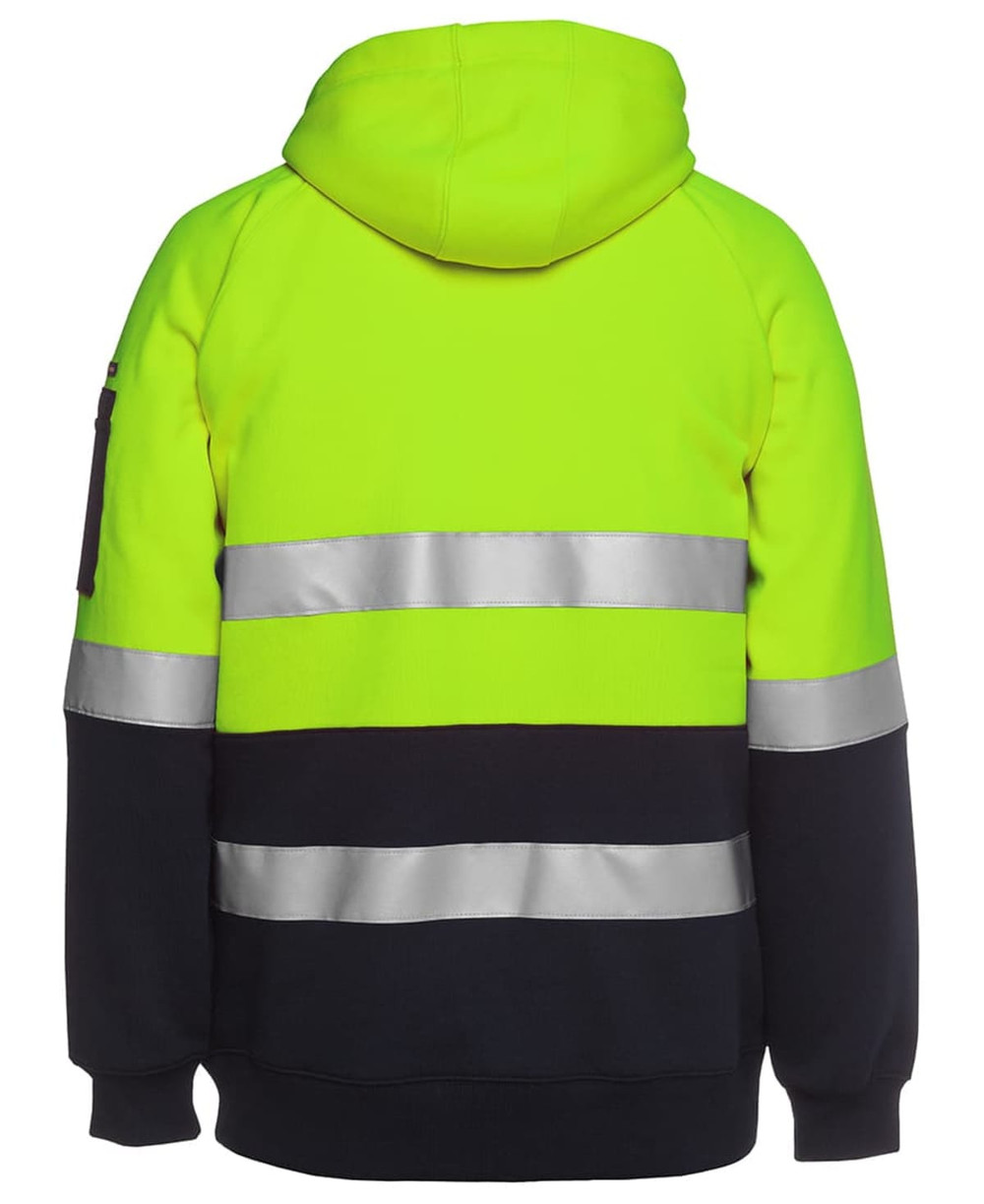 A bright yellow and navy fleece hoodie with reflective stripes and a hood, featuring a logo on the sleeve.