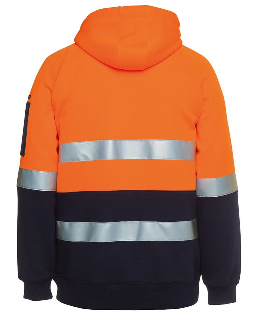 A bright orange and navy full zip hoodie featuring reflective stripes and a hood, with a logo on the sleeve.