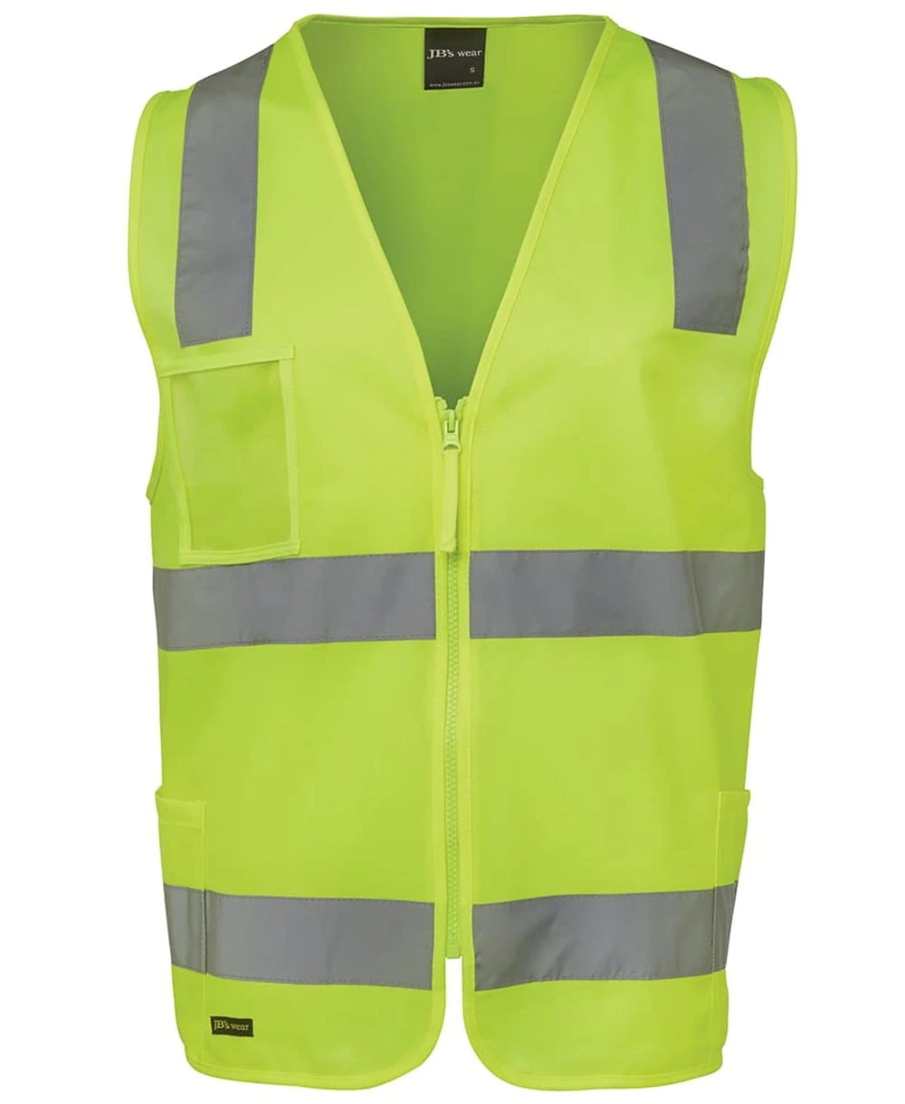 A high-visibility yellow zip safety vest with grey reflective stripes and pockets, featuring a logo.