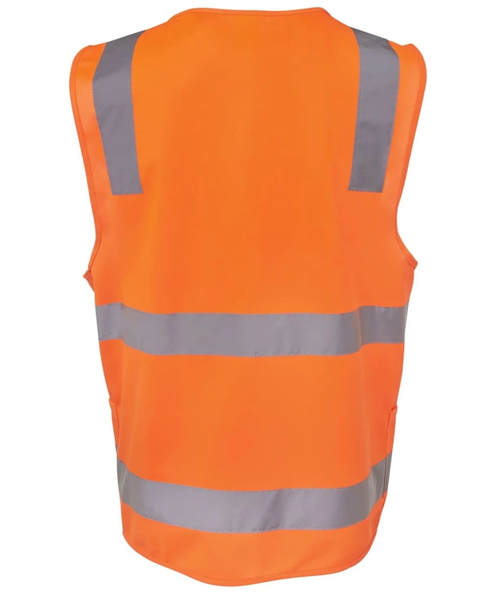An orange safety vest featuring reflective grey stripes and a logo on the back.