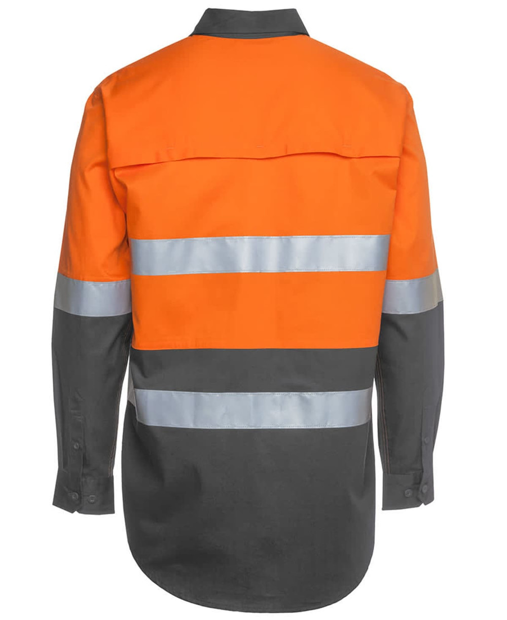 A long-sleeve work shirt in orange and grey with reflective stripes and a logo on the back.