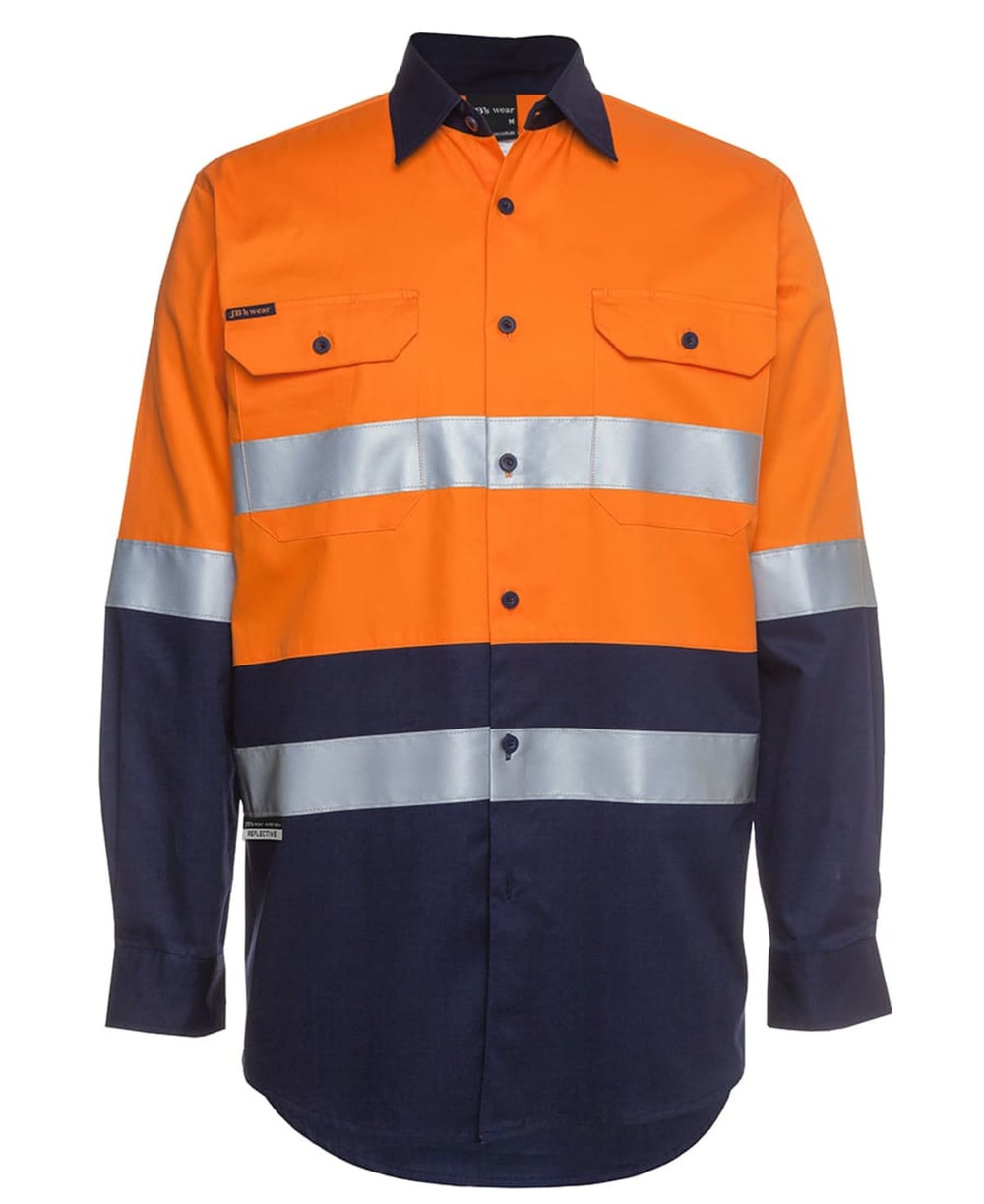 An orange and navy long-sleeve work shirt with reflective stripes and a logo.