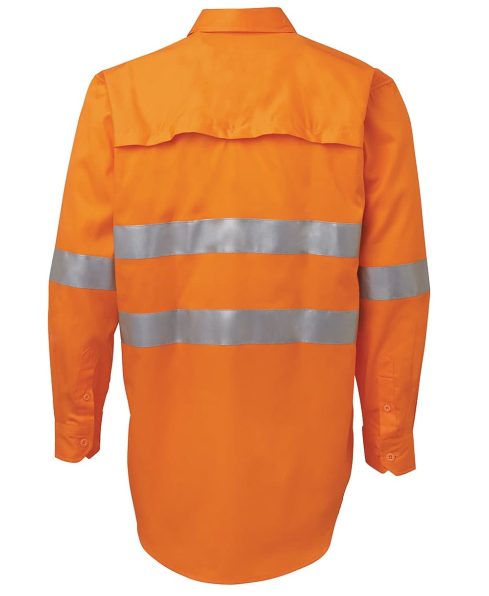 An orange long-sleeve work shirt featuring reflective silver stripes, with a logo on the upper back.
