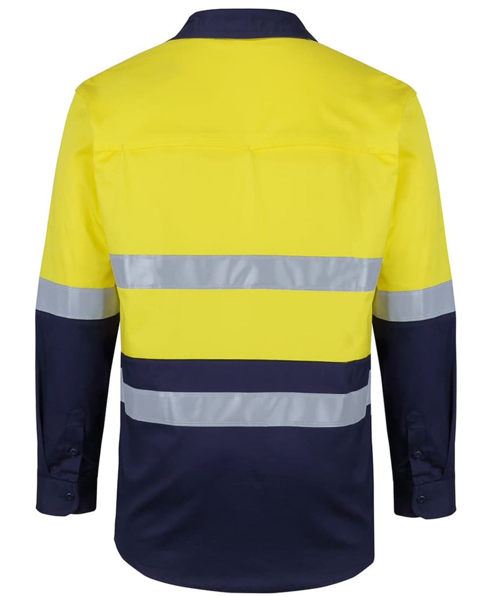A long-sleeve work shirt in yellow and navy, featuring reflective tape for visibility and a brand logo.