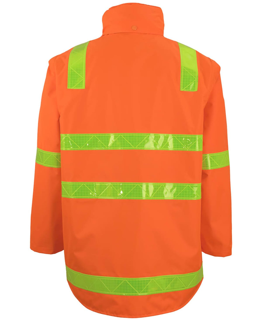 A bright orange jacket with reflective green stripes, featuring a collar and a zip-off sleeve design.