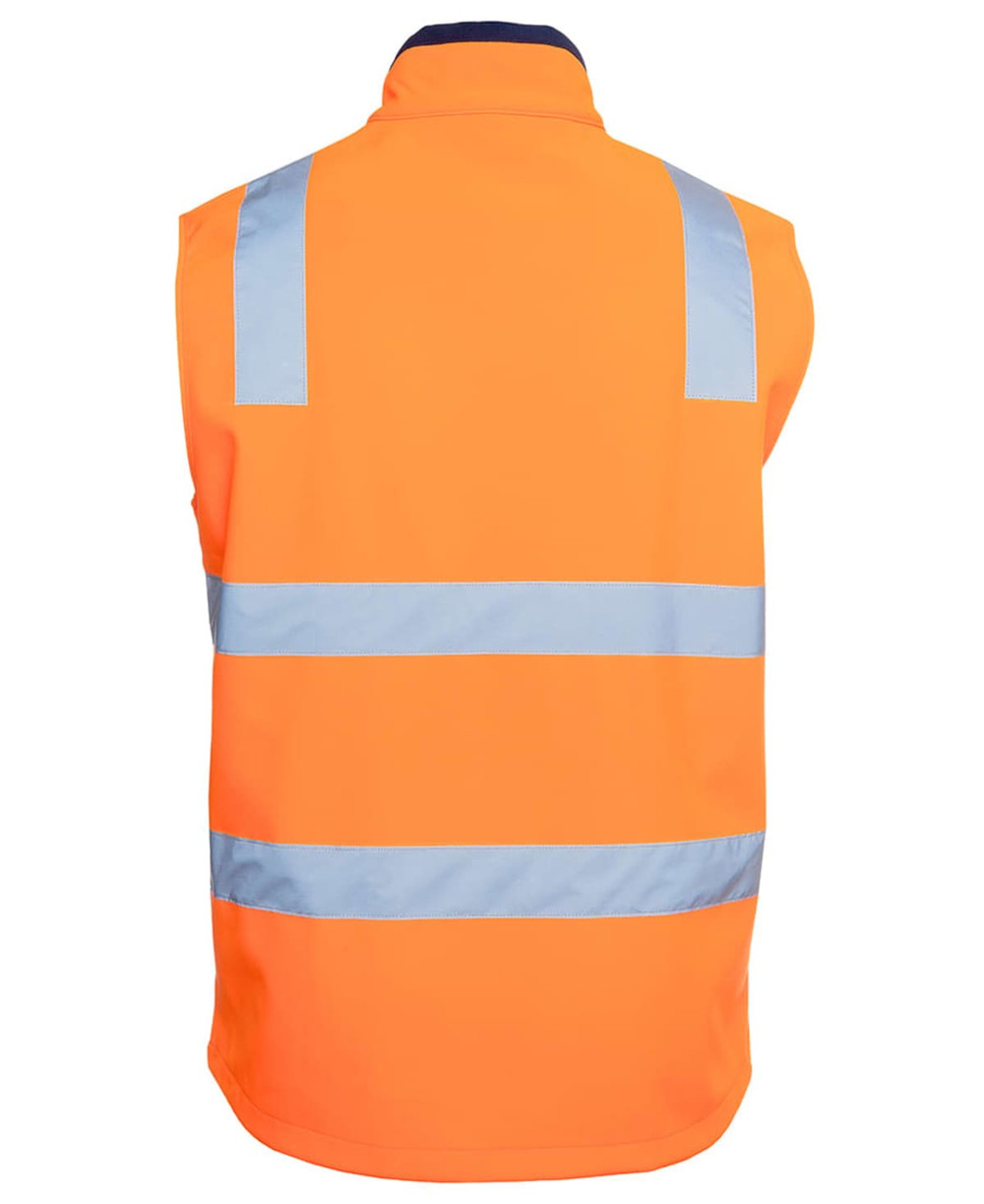 An orange three-layer softshell vest featuring reflective strips and a collar. It has a logo on the front.