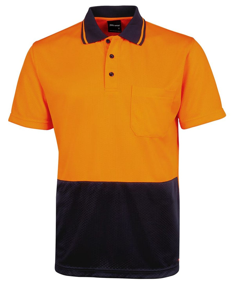 An orange and navy polo shirt featuring a collar, buttons, and a chest pocket. It has a logo on it.