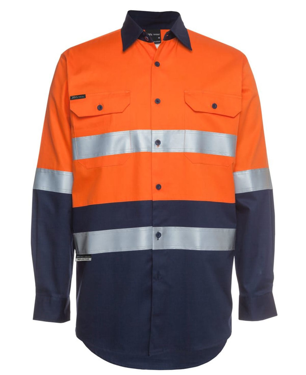 An orange and navy long-sleeve work shirt featuring reflective strips and a logo.