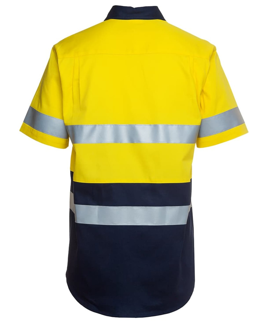 A yellow and navy short-sleeve work shirt featuring reflective stripes and a logo.
