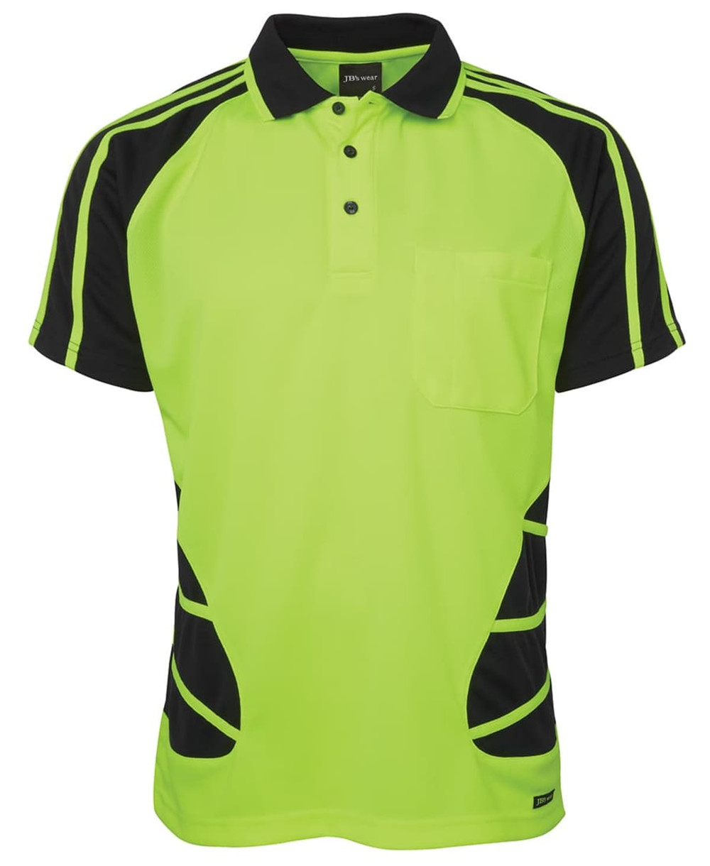 A bright lime green and black work polo shirt featuring a chest pocket and contrasting side panels.