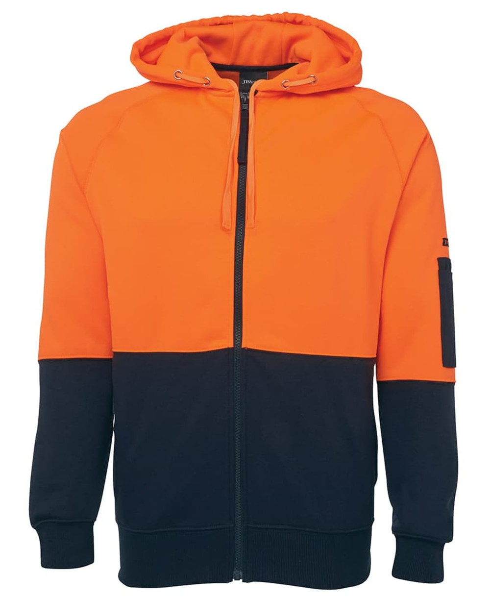 A full zip hoodie in hi-visibility orange and navy, featuring a logo and a side pocket.
