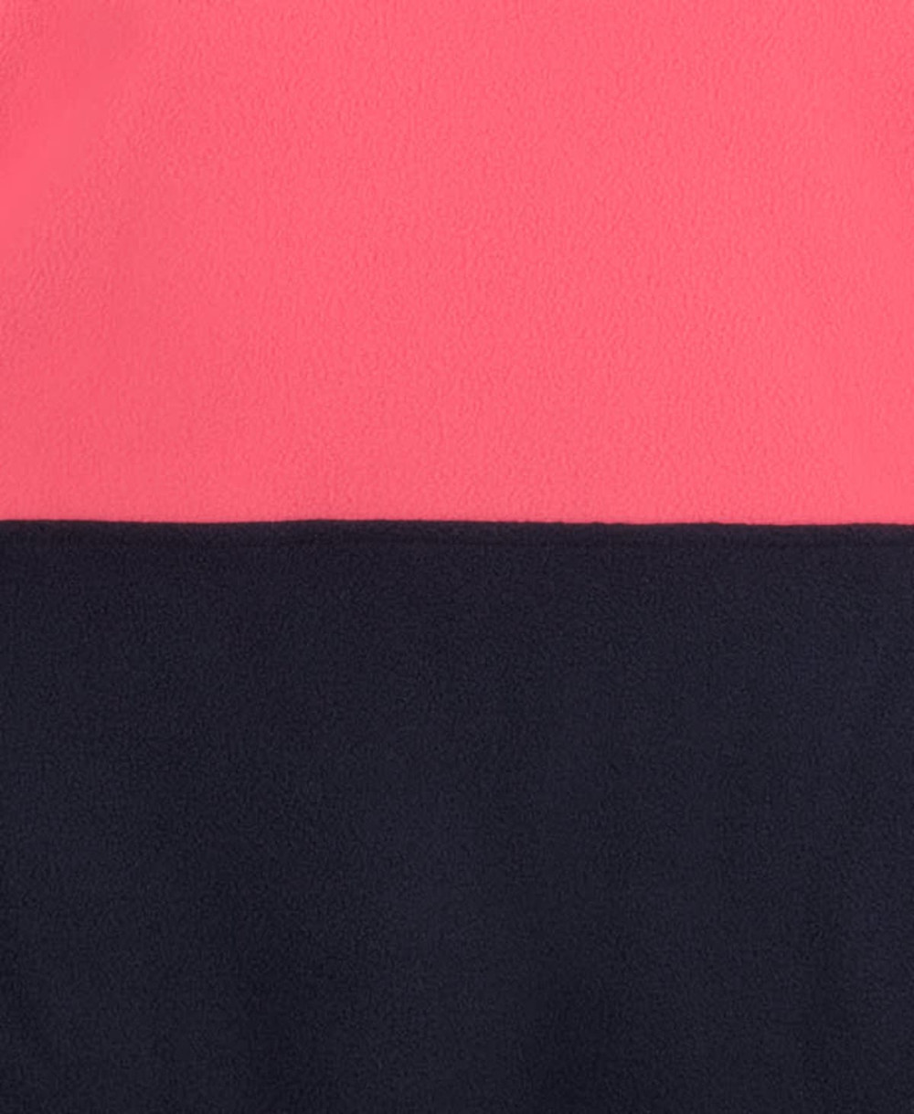 A polar fleece garment featuring a pink upper section and a navy lower section, with a logo present.