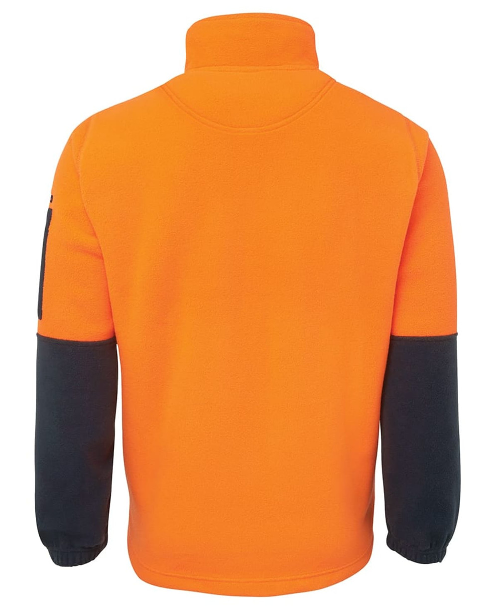 An orange and navy polar fleece work top featuring a high collar and long sleeves. It has a logo on one sleeve.