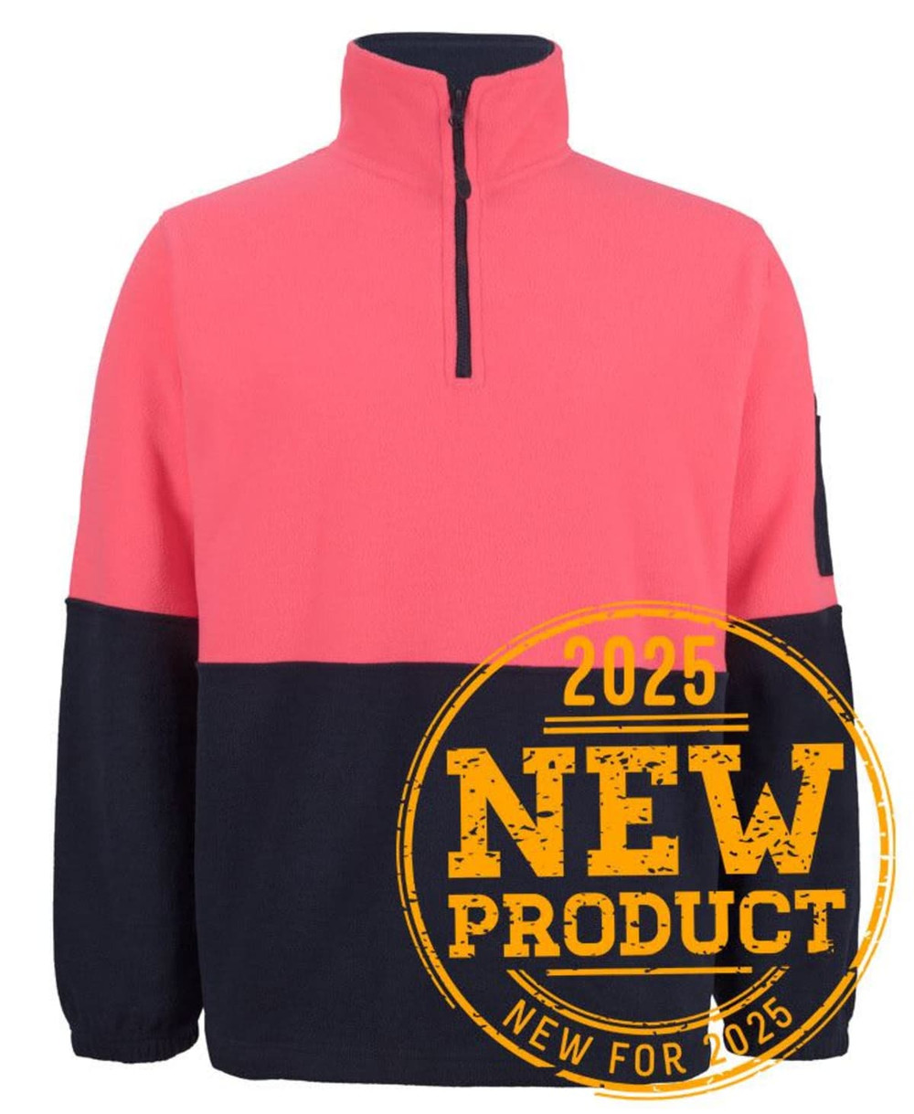 A polar fleece pullover in pink and navy with a half-zip design and a branding logo on the sleeve.