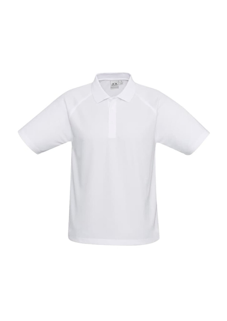 A white short sleeve polo shirt with a collar and logo. Suitable for casual and active wear.