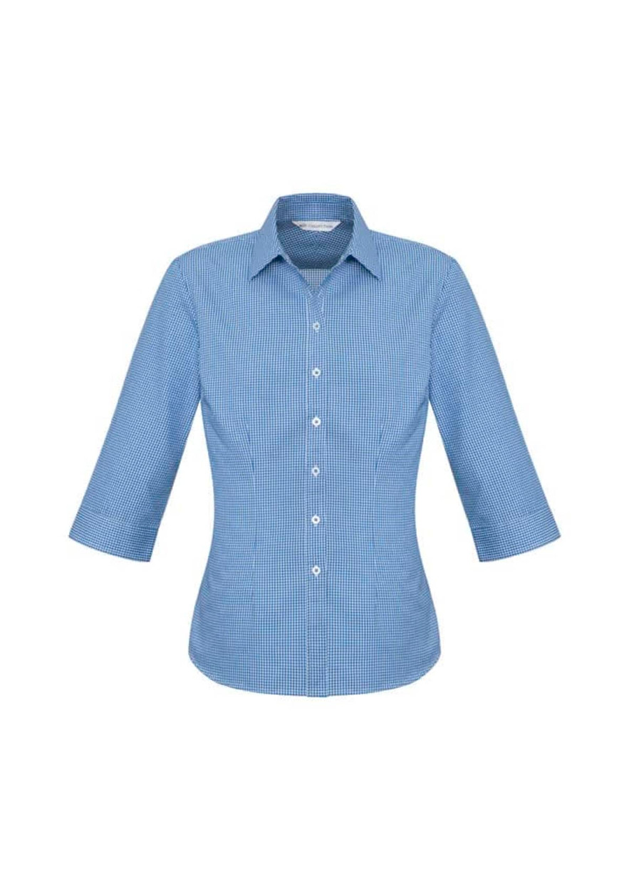 A blue and white checked women's button-up shirt with 3/4 sleeves and a collar, featuring a logo.