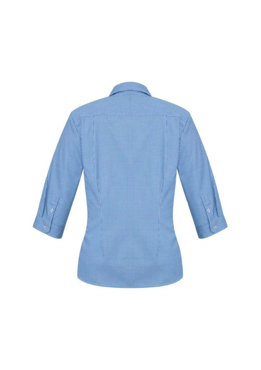A women's 3/4 sleeve button-up shirt in blue with a checkered pattern and a back view showcasing the design.