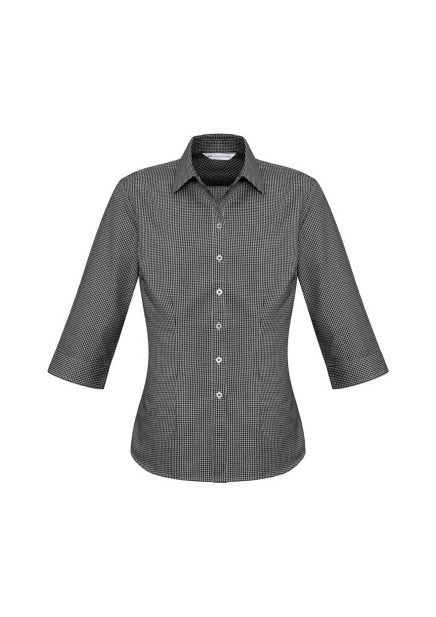 A women's button-up shirt in a black and white check pattern with 3/4 sleeves and a fitted design.
