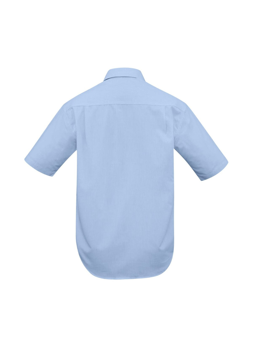 A light blue short sleeve button-up shirt with a back yoke and curved hem. Features a logo on the back.