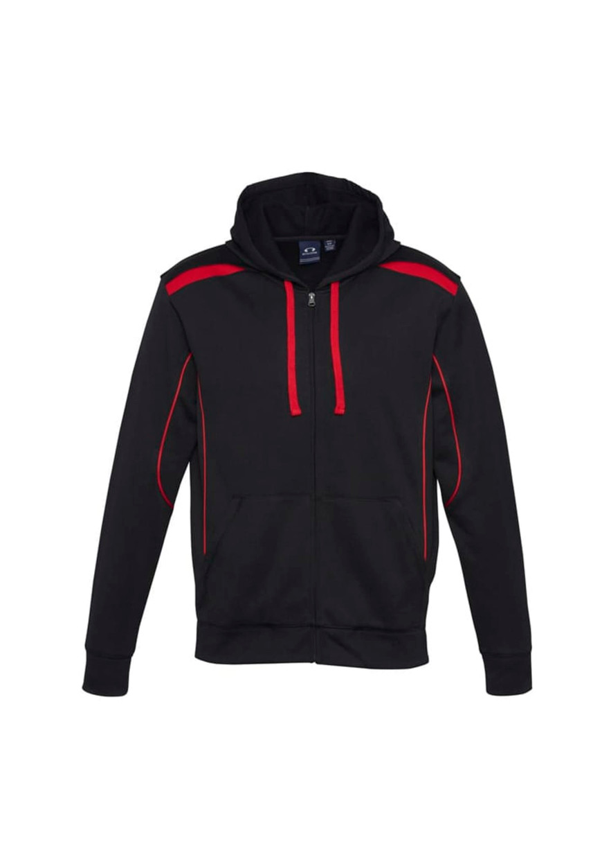 A black hoodie with red accents and a drawstring hood, featuring a zip front and pockets.