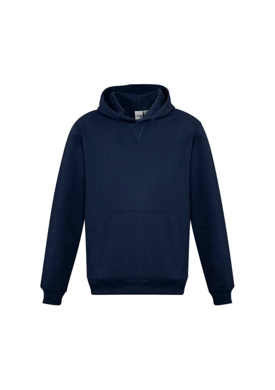 A navy blue kids' hoodie featuring a front pocket and a standard hood. It has a logo on the front.
