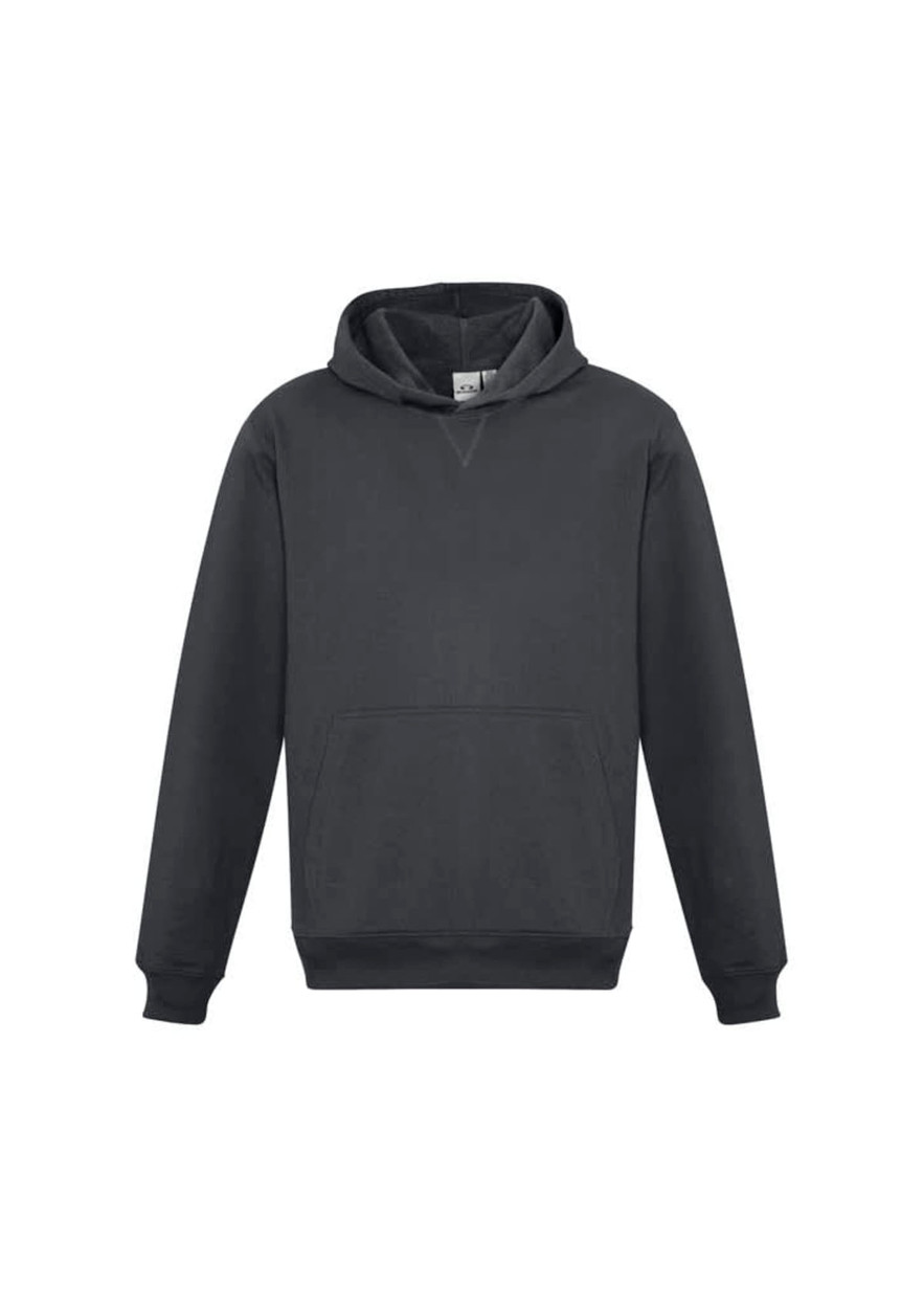 A black hoodie featuring a front pocket and a hood, designed for kids, with a logo on the front.
