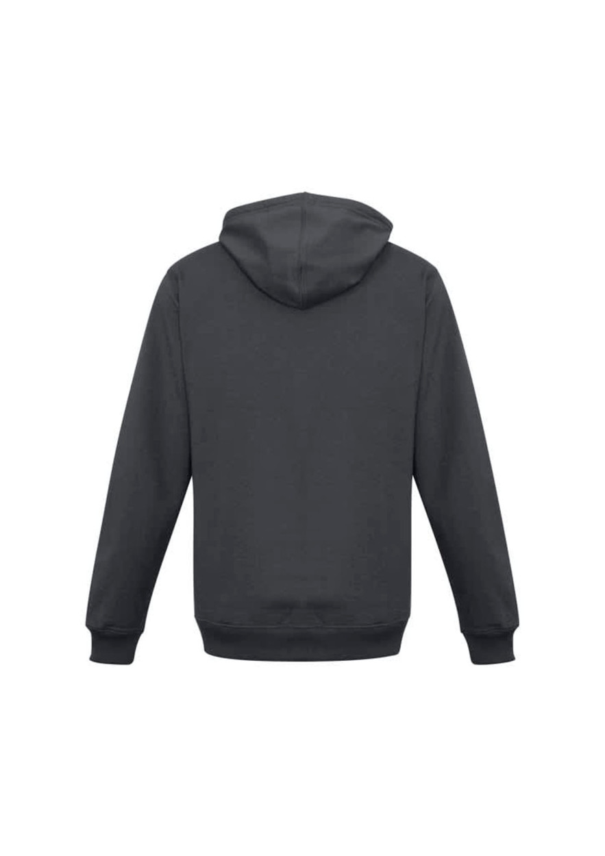 A dark grey men's crew hoodie with a hood and long sleeves, featuring a logo on the back.