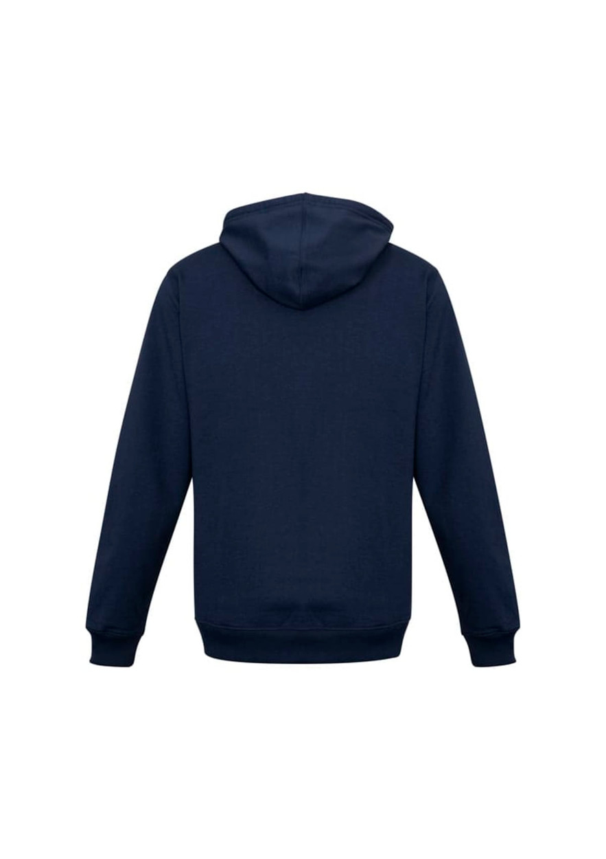 A navy men's crew zip hoodie with a hood and long sleeves, featuring a logo on the back.