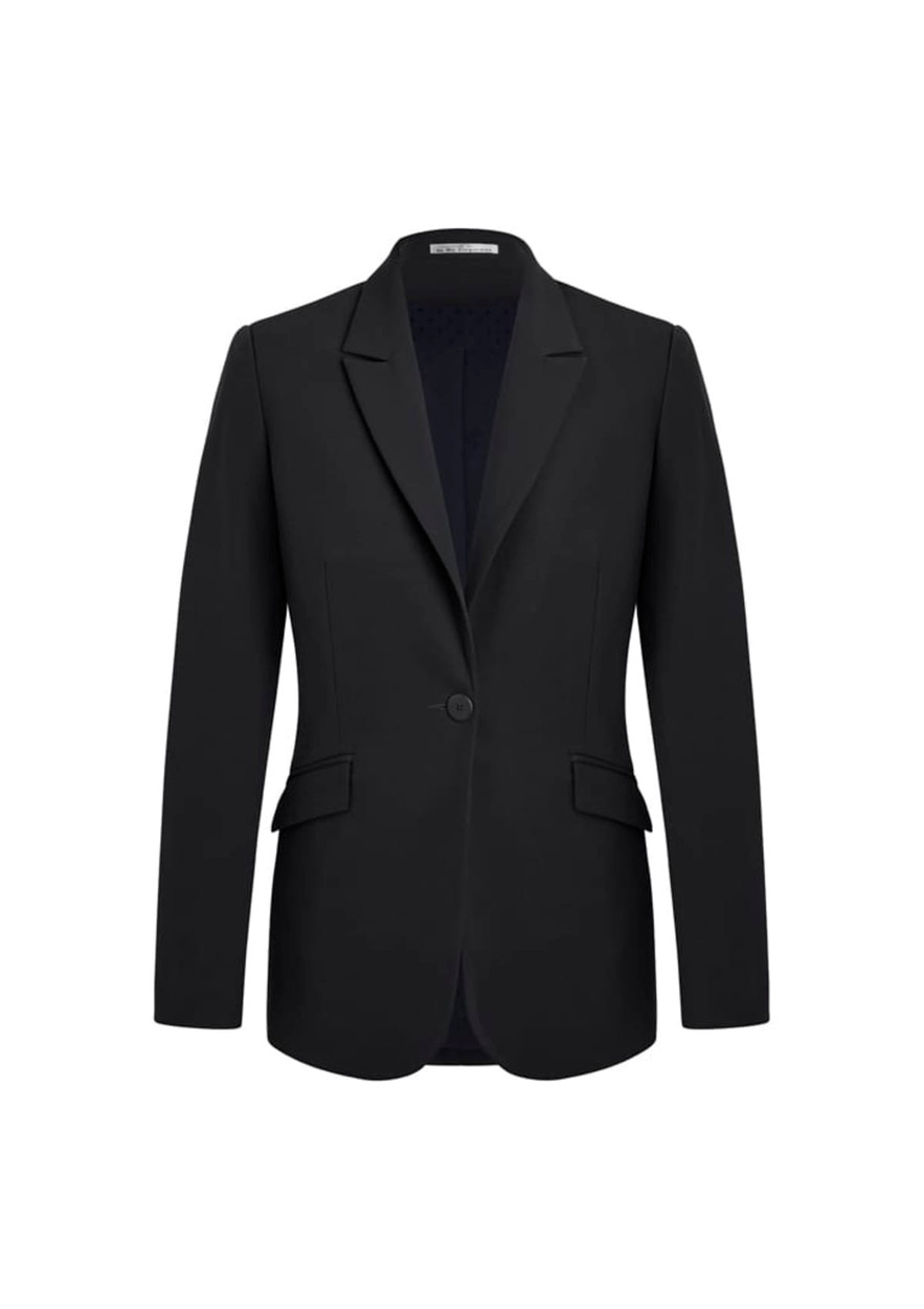 A black longline jacket with a single button front, featuring two side pockets and a tailored fit.