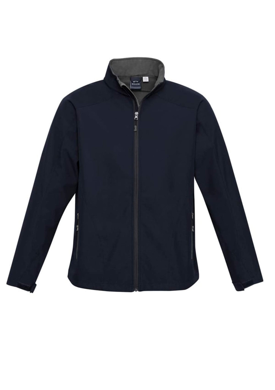 A navy soft shell jacket with a zip front, long sleeves, and side pockets. Features a logo on the chest.