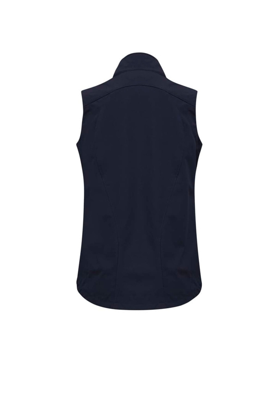 A navy women's vest with a collar and a fitted design, featuring a branding logo.