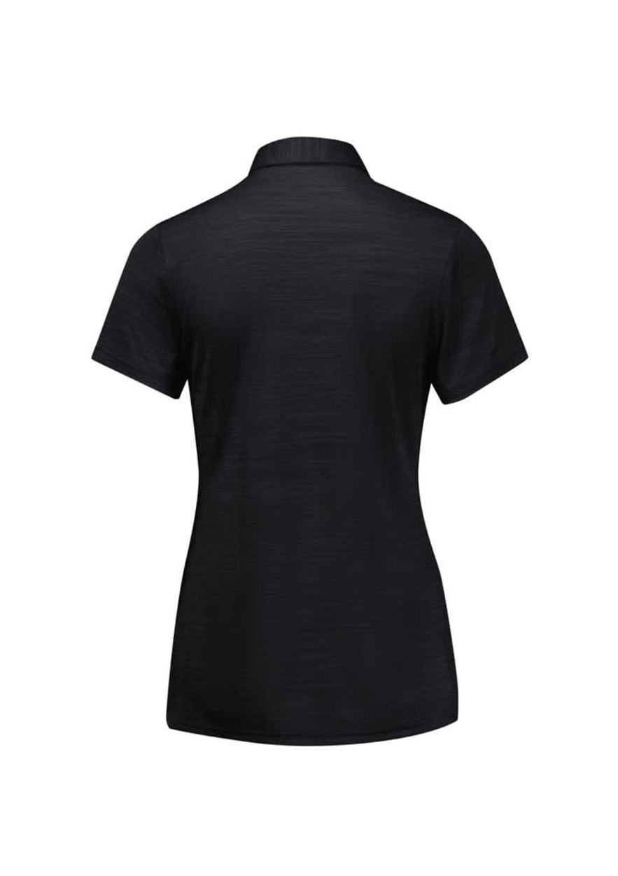 A black short sleeve polo shirt for women featuring a collar and a branding logo. Back view is displayed.