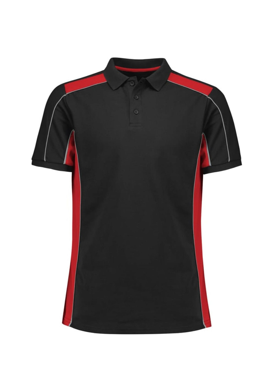 Unisex grid short sleeve polo in black with red side panels. Features a collar and three-button placket. Includes a logo.