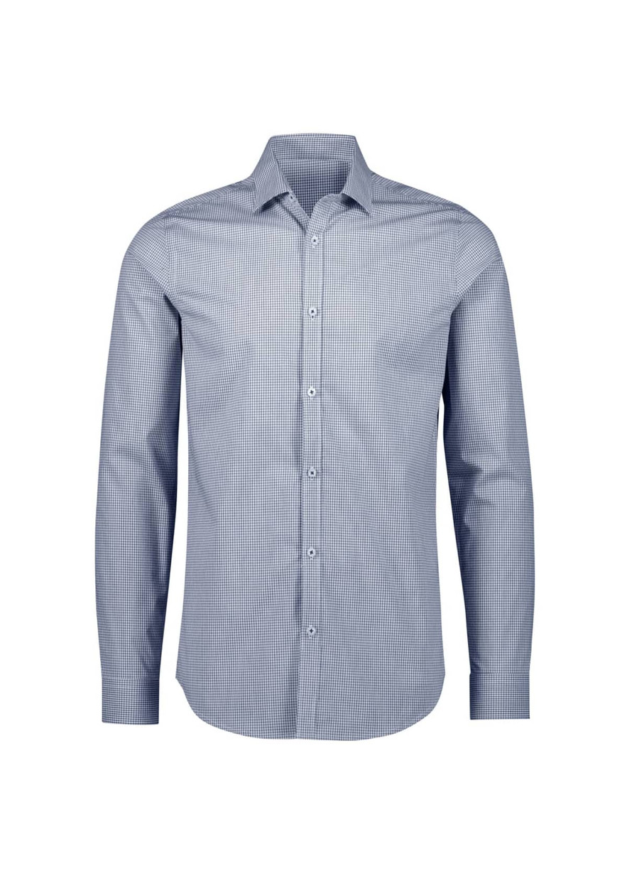 A tailored long sleeve shirt in a blue and white check pattern with a button-up front and a collar.