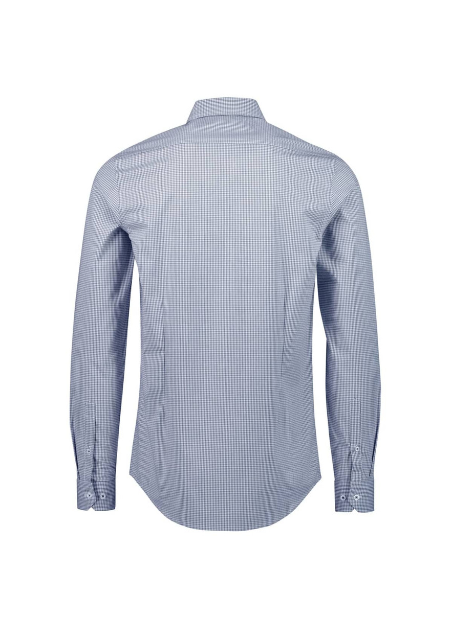 A tailored long sleeve shirt in blue and white checks, featuring a button-up design and a branded label.