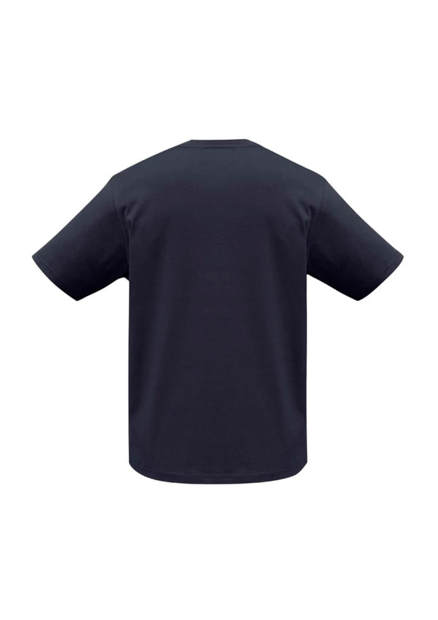 A black short sleeve tee with a straight cut, featuring a simple design and a logo on the back.