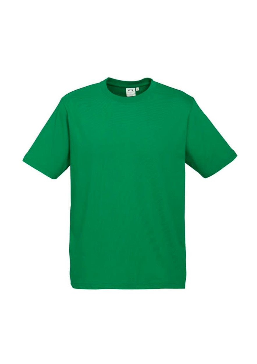 A green short sleeve tee for kids, featuring a crew neckline and a simple design. It has a logo.