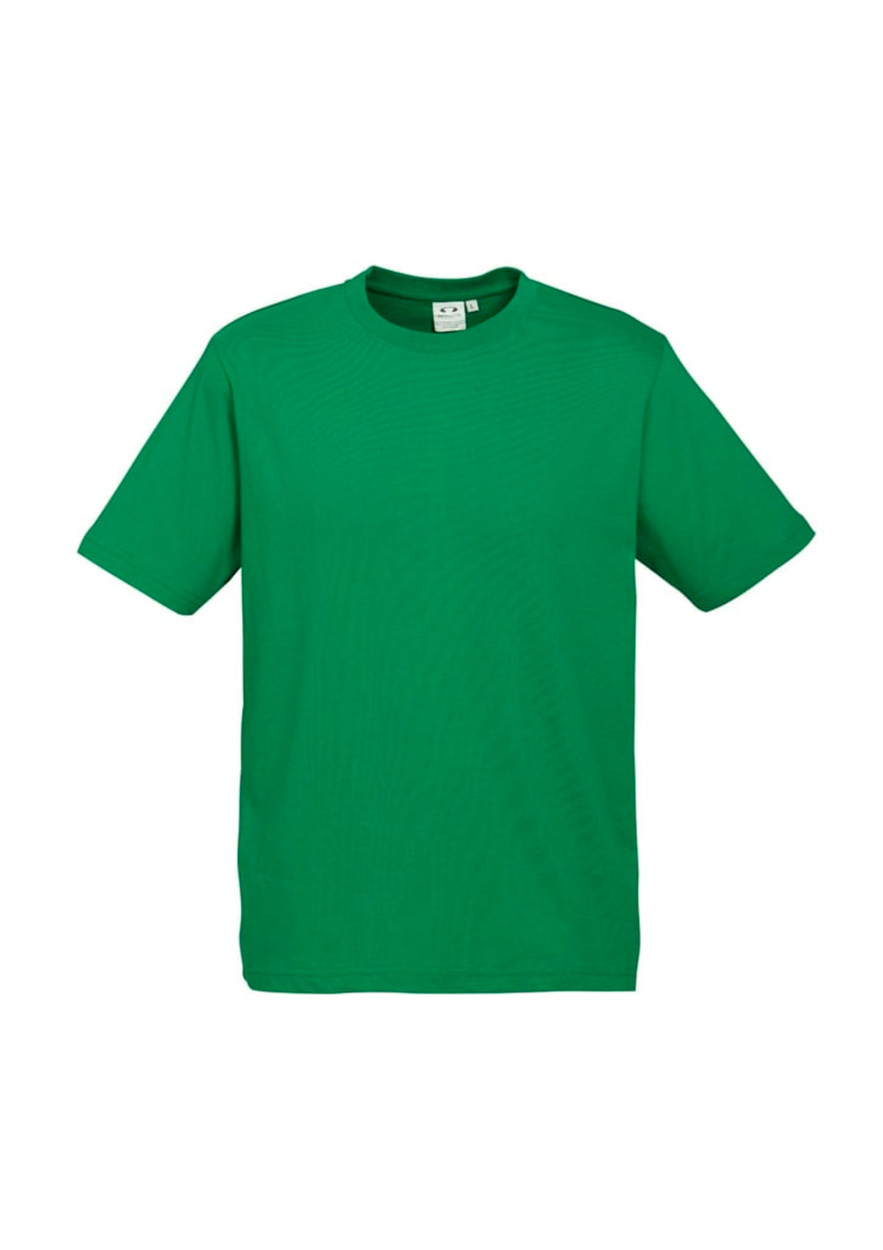 A green short sleeve tee for kids, featuring a simple design and a logo on the label.