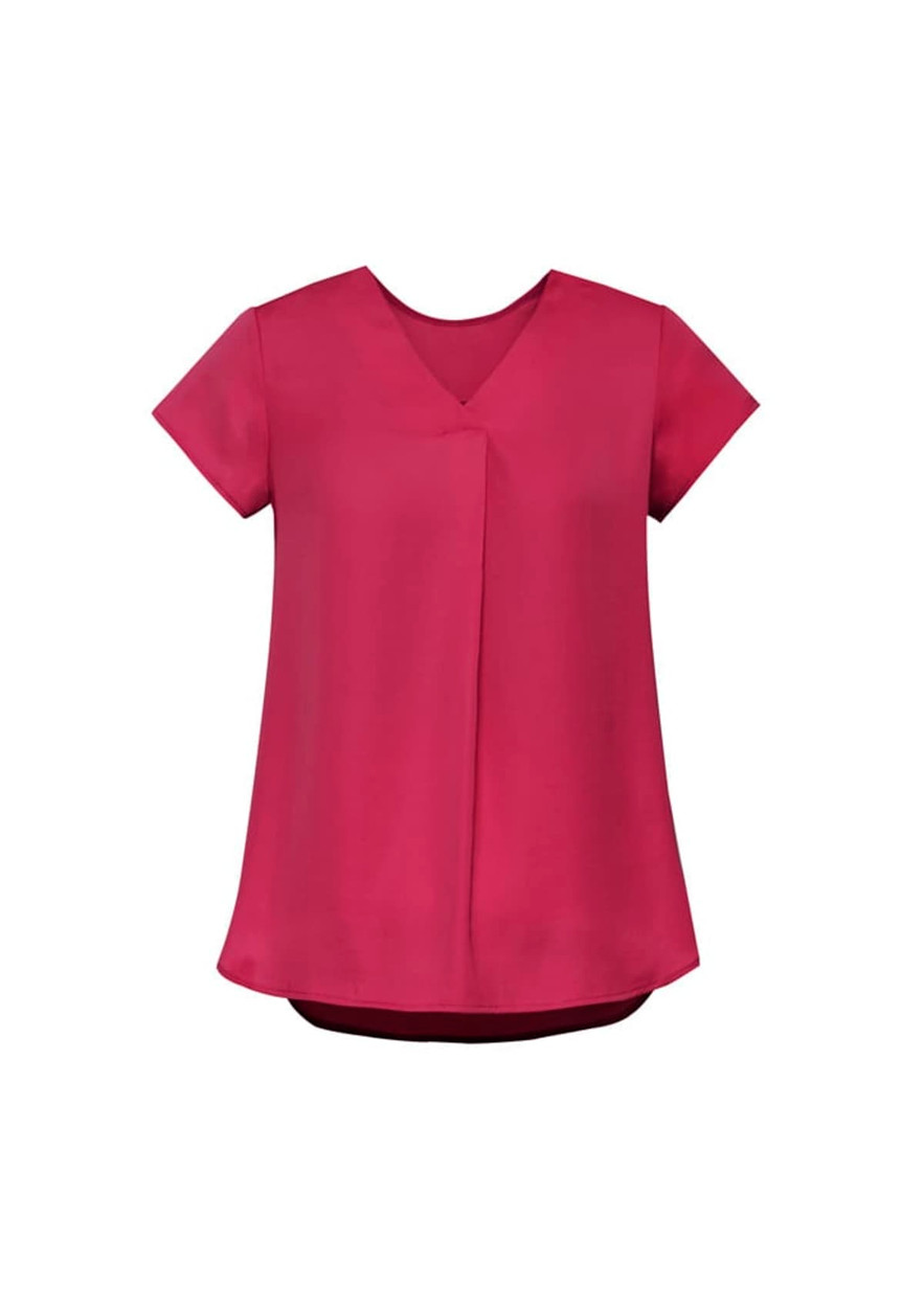 A women's blouse in a deep pink colour featuring a V-neck and pleat detail, with short sleeves and a loose fit.