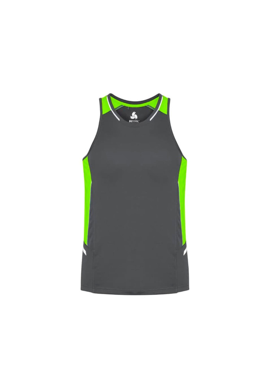 A men's singlet in grey with bright green accents and a logo on the chest. Suitable for sportswear.