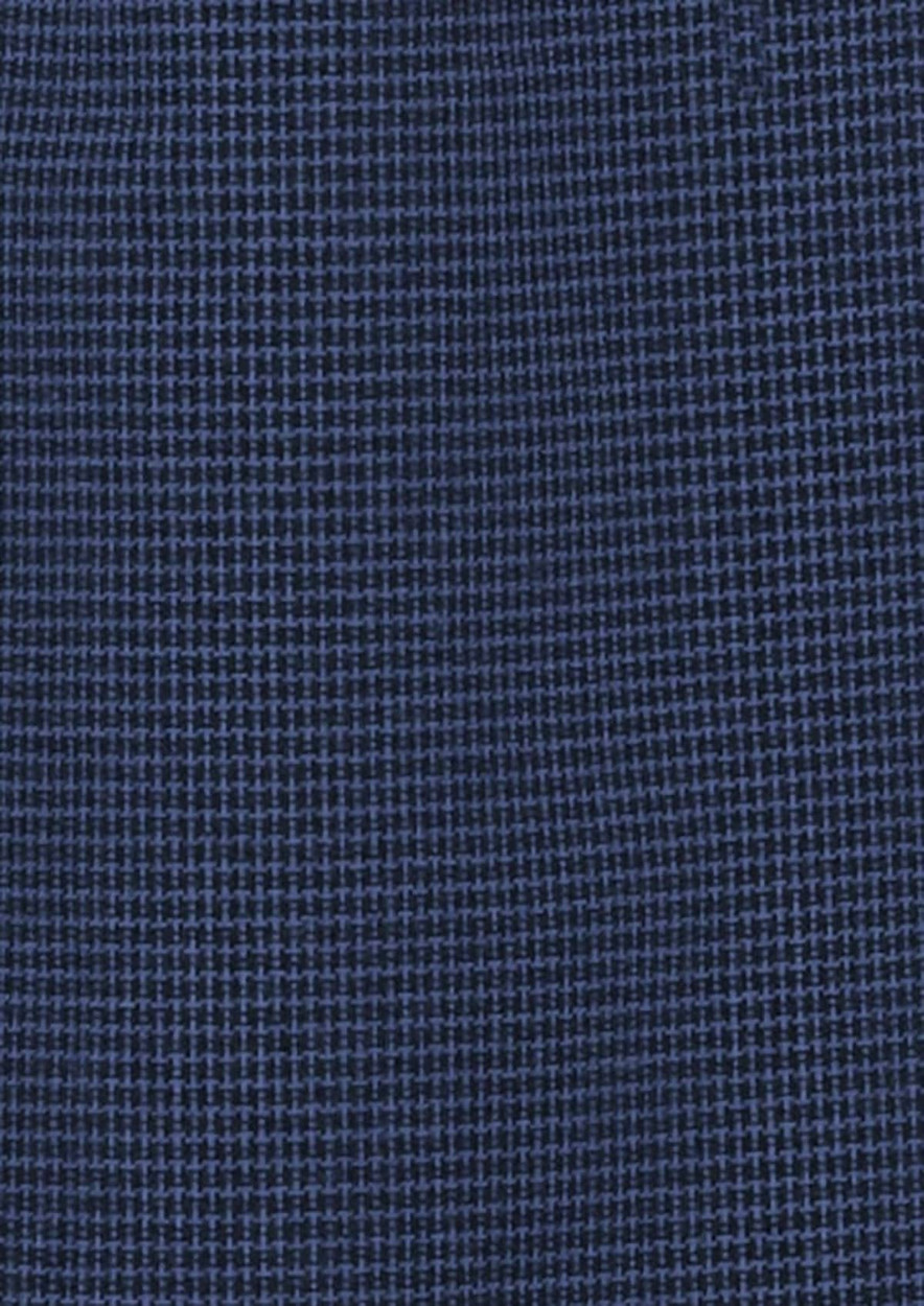 A textured fabric in navy blue featuring a grid pattern, suitable for a long sleeve button-up shirt.