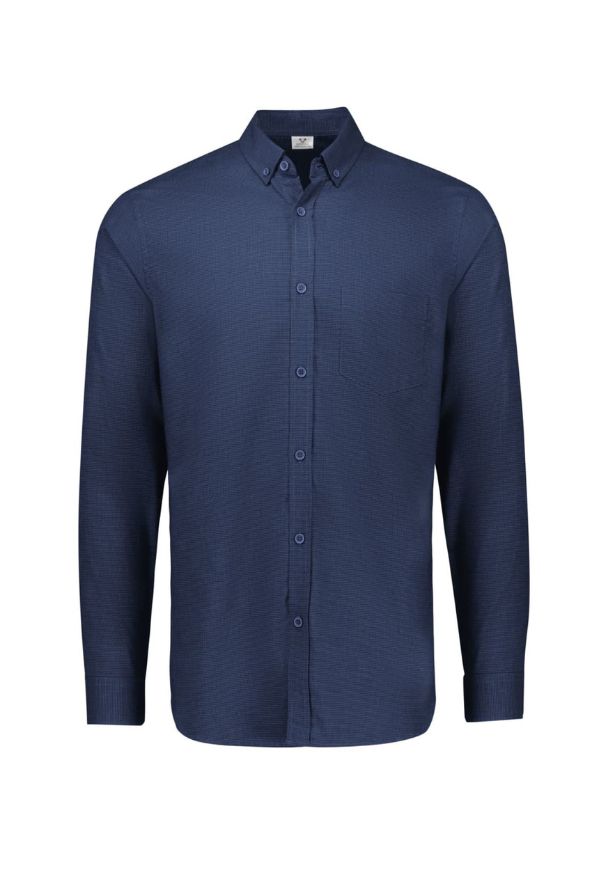A navy long sleeve button-up shirt with a collar and a single chest pocket. It features a logo on the label.