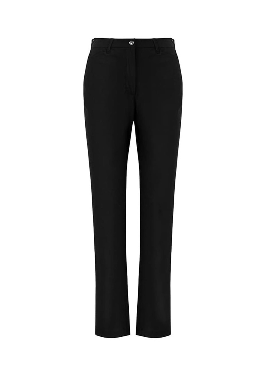 A pair of black women's slacks with a sleek design and a logo on the waistband.