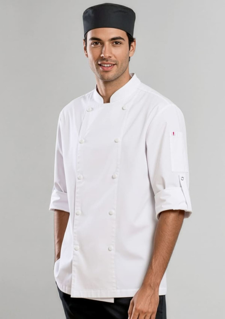A white long sleeve chef jacket with a button-up front, worn by a man, paired with a black chef hat.