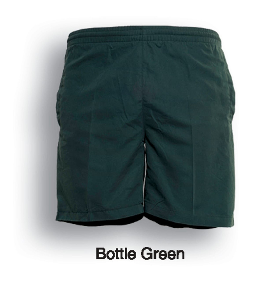 Bottle green unisex microfibre shorts with an elastic waistband and side pockets, featuring branding.